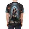 Fantasy warrior woman in armor with green skirt, holding sword, in ancient ruins all over print sublimation tee.
