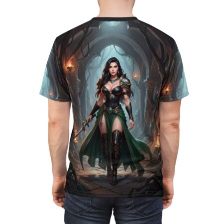 Fantasy warrior woman in armor with green skirt, holding sword, in ancient ruins all over print sublimation tee.