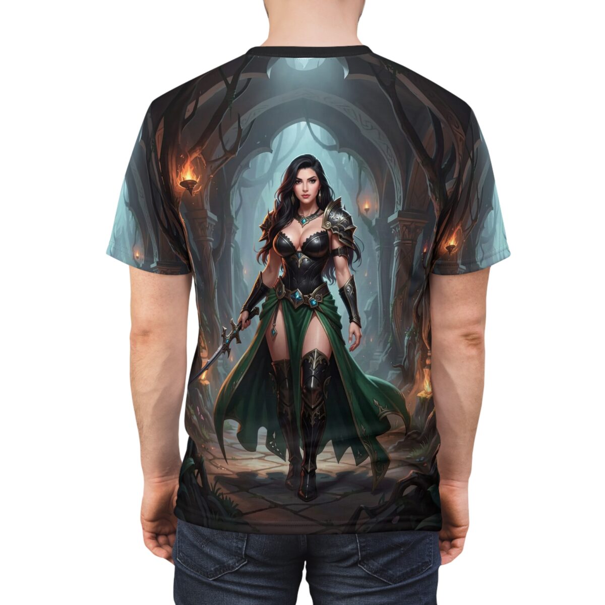Fantasy warrior woman in armor with green skirt, holding sword, in ancient ruins all over print sublimation tee.