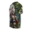 Fantasy warrior anime woman in detailed armor and red cape on all over print sublimation tee with forest background.