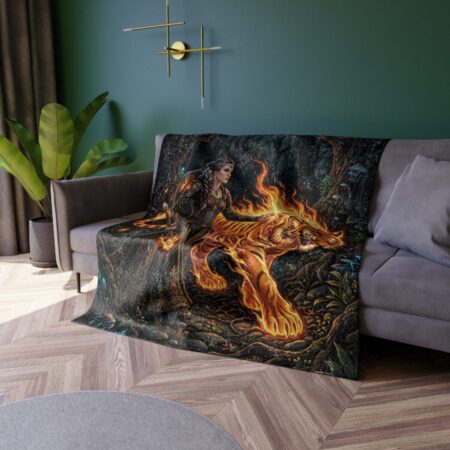 Fantasy warrior woman with flaming tiger all over print throw blanket featuring a mystical forest sublimation design.