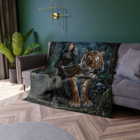 Fantasy warrior sitting on a tiger with sword in dark enchanted forest, digital art blanket.