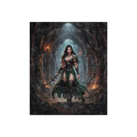 Fantasy warrior woman with sword and armor, wearing a green dress, standing in a dark forest dungeon with ancient ruins.