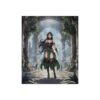 Fantasy warrior woman with sword, wearing green and black armor, standing in ancient ruins.