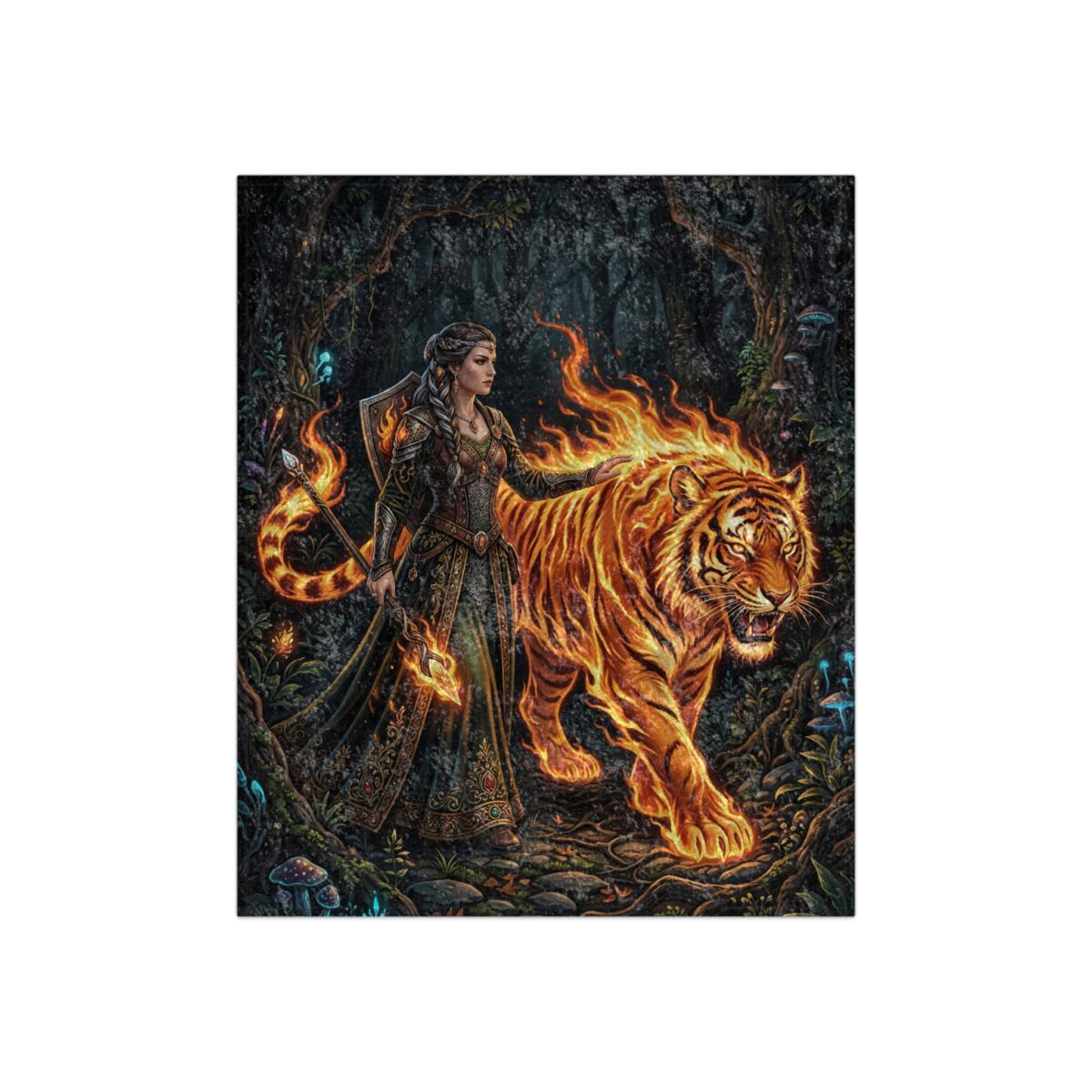 Fantasy woman with detailed armor and ornate dress beside a majestic tiger engulfed in flames, set in a mystical, dark forest with glowing mushrooms and magical accents.