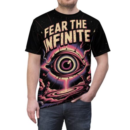 All over print graphic tee featuring a large eye and galaxy with text 'FEAR THE INFINITE' in a trippy, retro design.