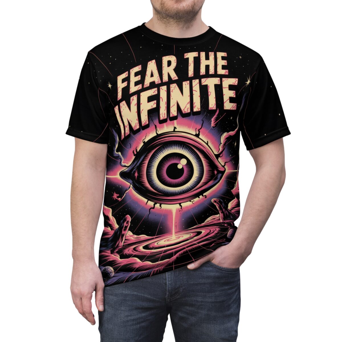 All over print graphic tee featuring a large eye and galaxy with text 'FEAR THE INFINITE' in a trippy, retro design.