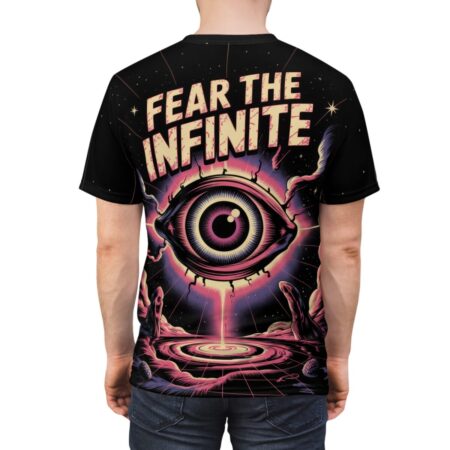 All over print sublimation tee featuring a cosmic eye graphic with text 'FEAR THE INFINITE' and surreal landscape.