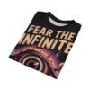 Black t-shirt with 'Fear The Infinite' text and a large, stylized eye graphic with pink and yellow hues.
