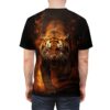 All over print sublimation tee with a fierce tiger snarling amidst flames, featuring a wrap around graphic design.