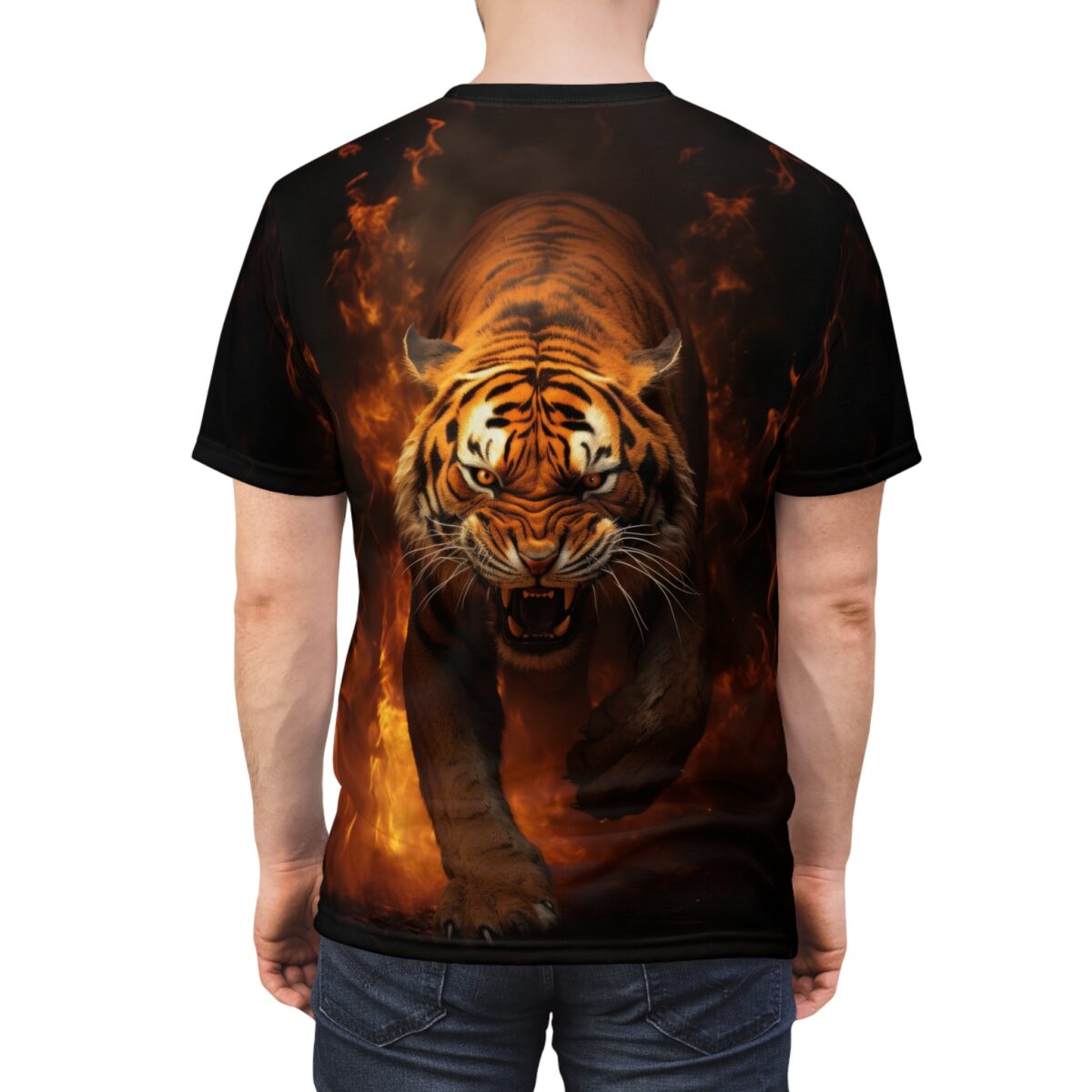 All over print sublimation tee with a fierce tiger snarling amidst flames, featuring a wrap around graphic design.