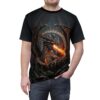 Fiery dragon breathing flames, surrounded by runes, on a black all-over print sublimation tee.