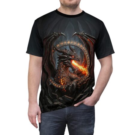 Fiery dragon breathing flames, surrounded by runes, on a black all-over print sublimation tee.