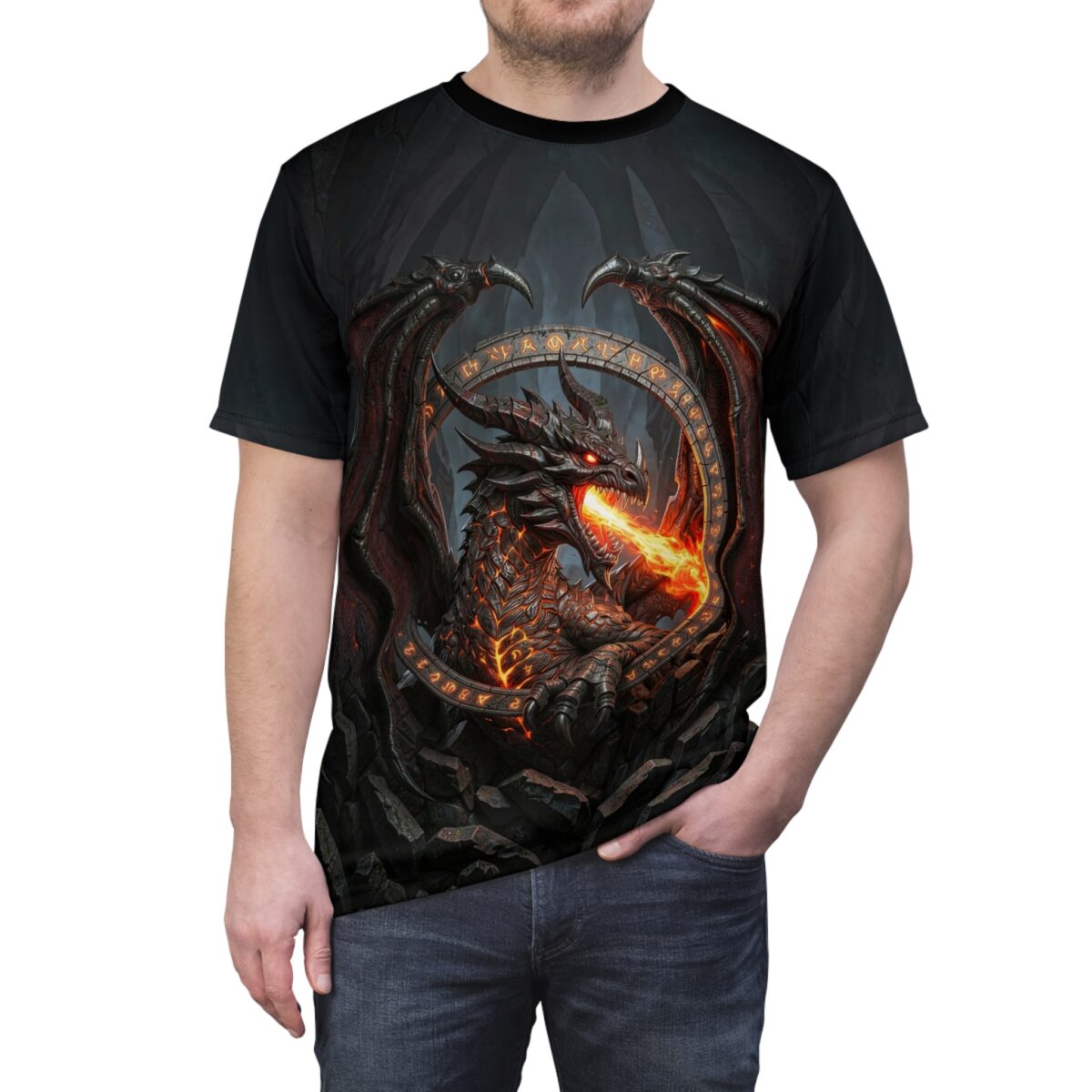 Fiery dragon breathing flames, surrounded by runes, on a black all-over print sublimation tee.