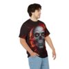 Fiery skull graphic all over print sublimation tee with glowing orange eyes and red flames. Cyber grunge streetwear aesthetic.