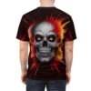 All over print sublimation tee featuring a fiery skull graphic with glowing orange eyes and a radiating inferno design.