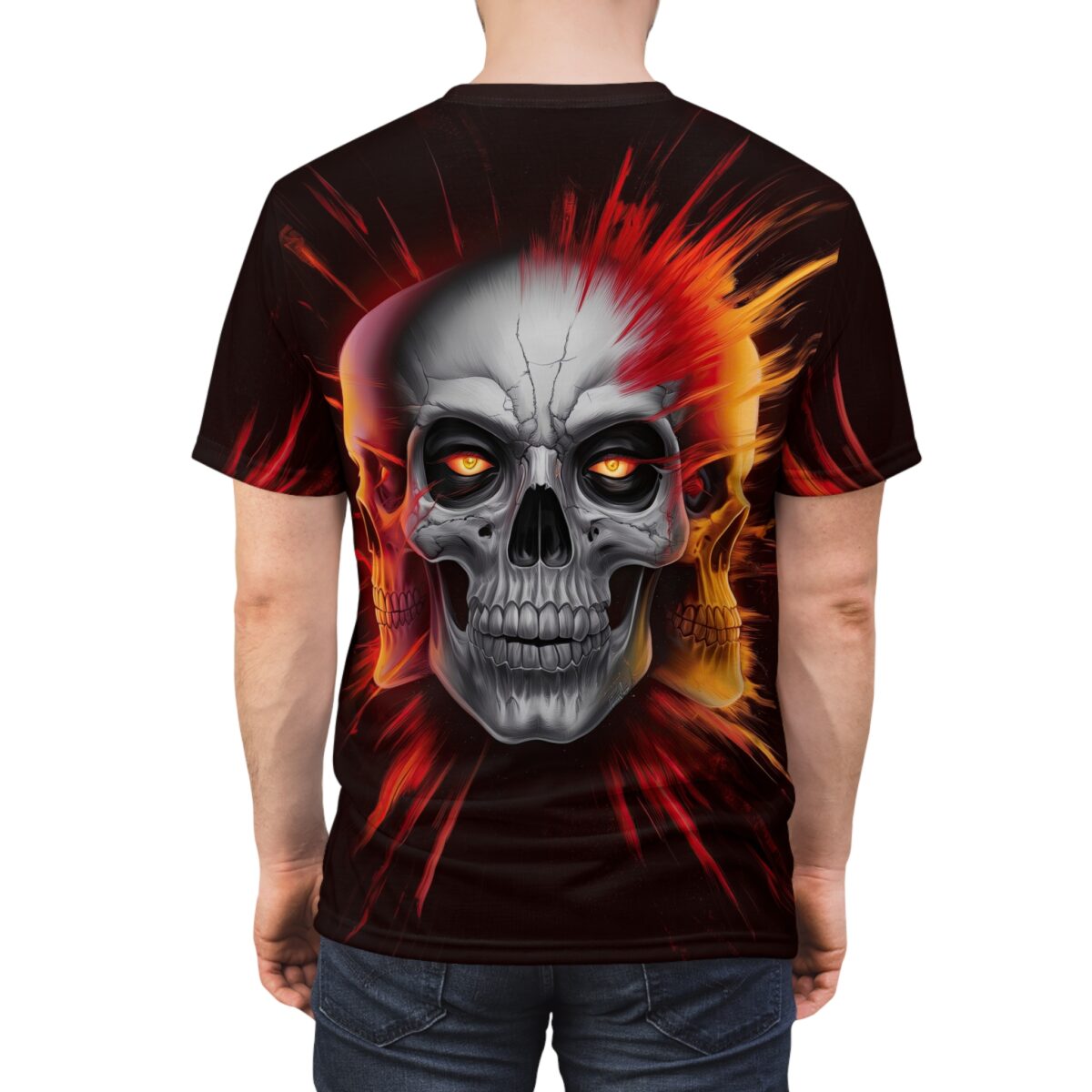 All over print sublimation tee featuring a fiery skull graphic with glowing orange eyes and a radiating inferno design.