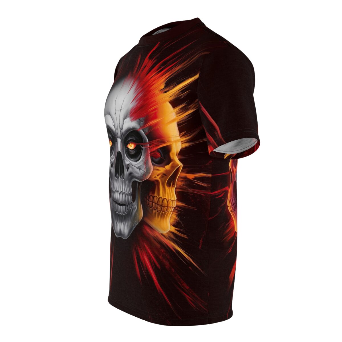 Cyber grunge all over print sublimation tee featuring a split skull graphic with fiery orange and red accents.
