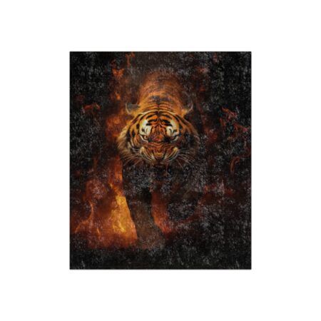 Intense tiger face graphic with fiery orange flames and dark texture, sublimation tee design.
