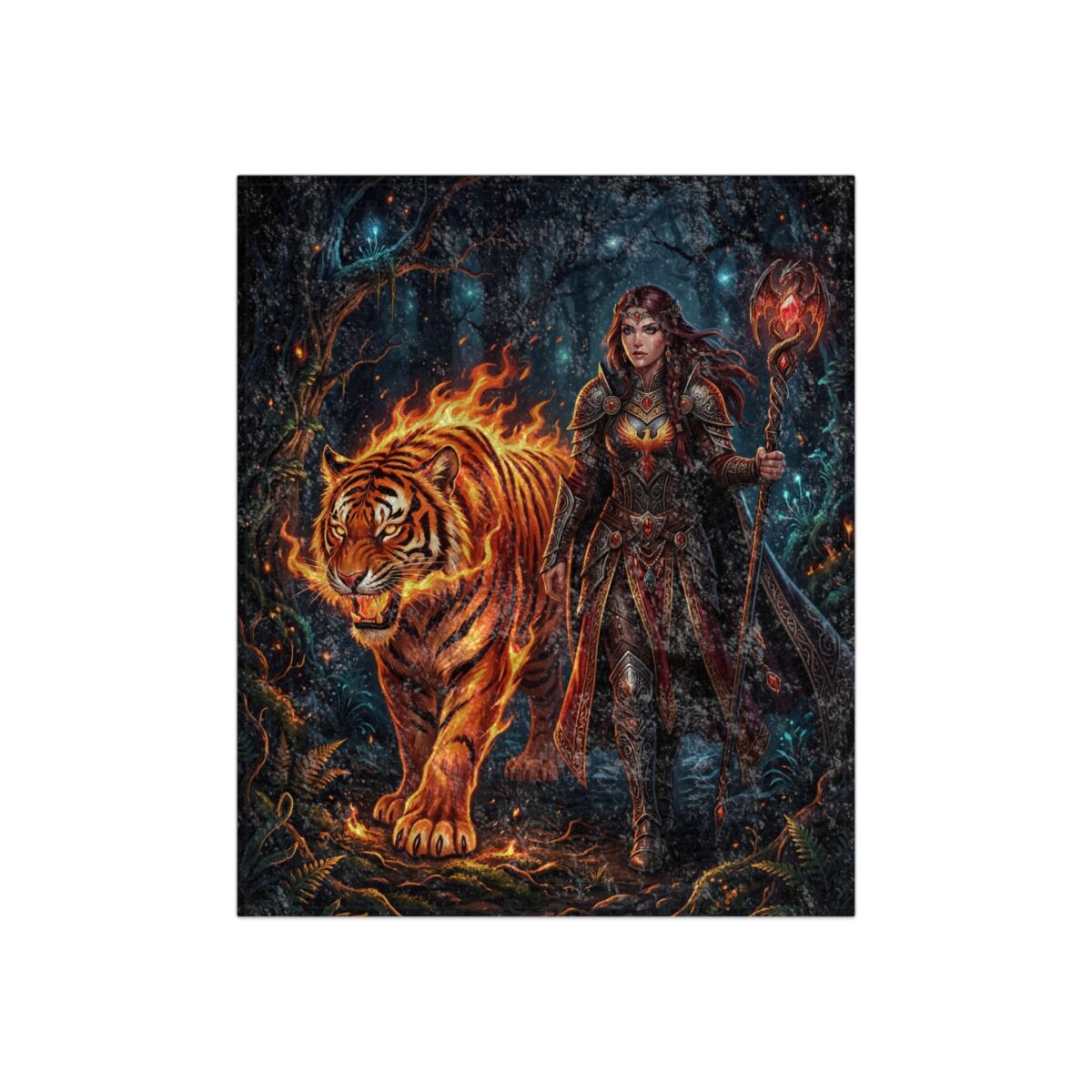 Fantasy art features a woman warrior with staff beside a tiger with fiery mane and stripes in a dark, enchanted forest.