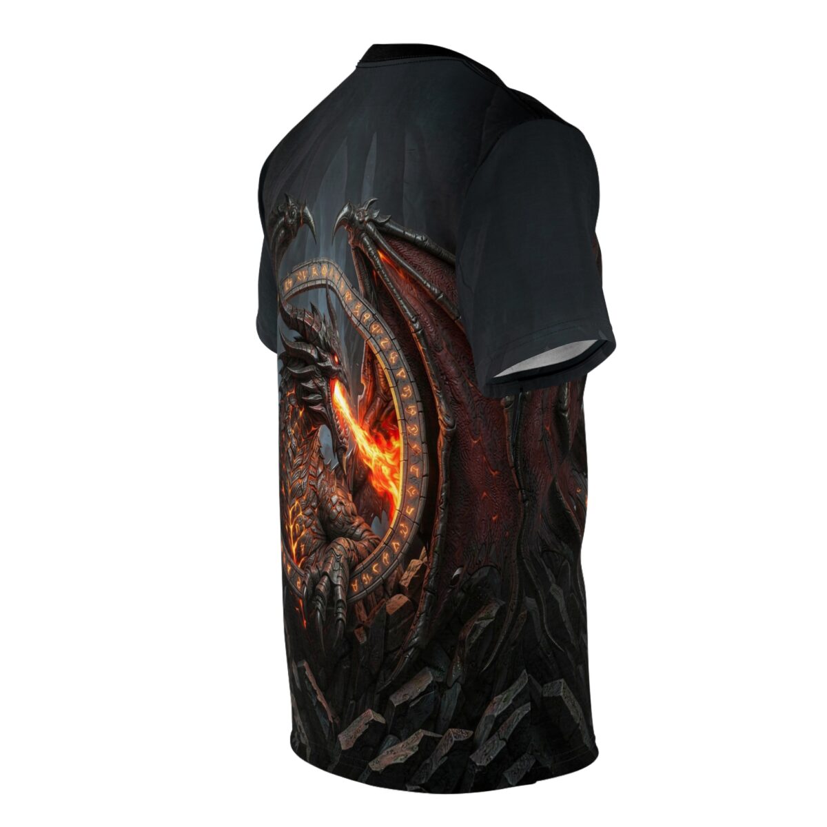 Intense fire-breathing dragon graphic all over print sublimation tee with rune circle and rocky details.