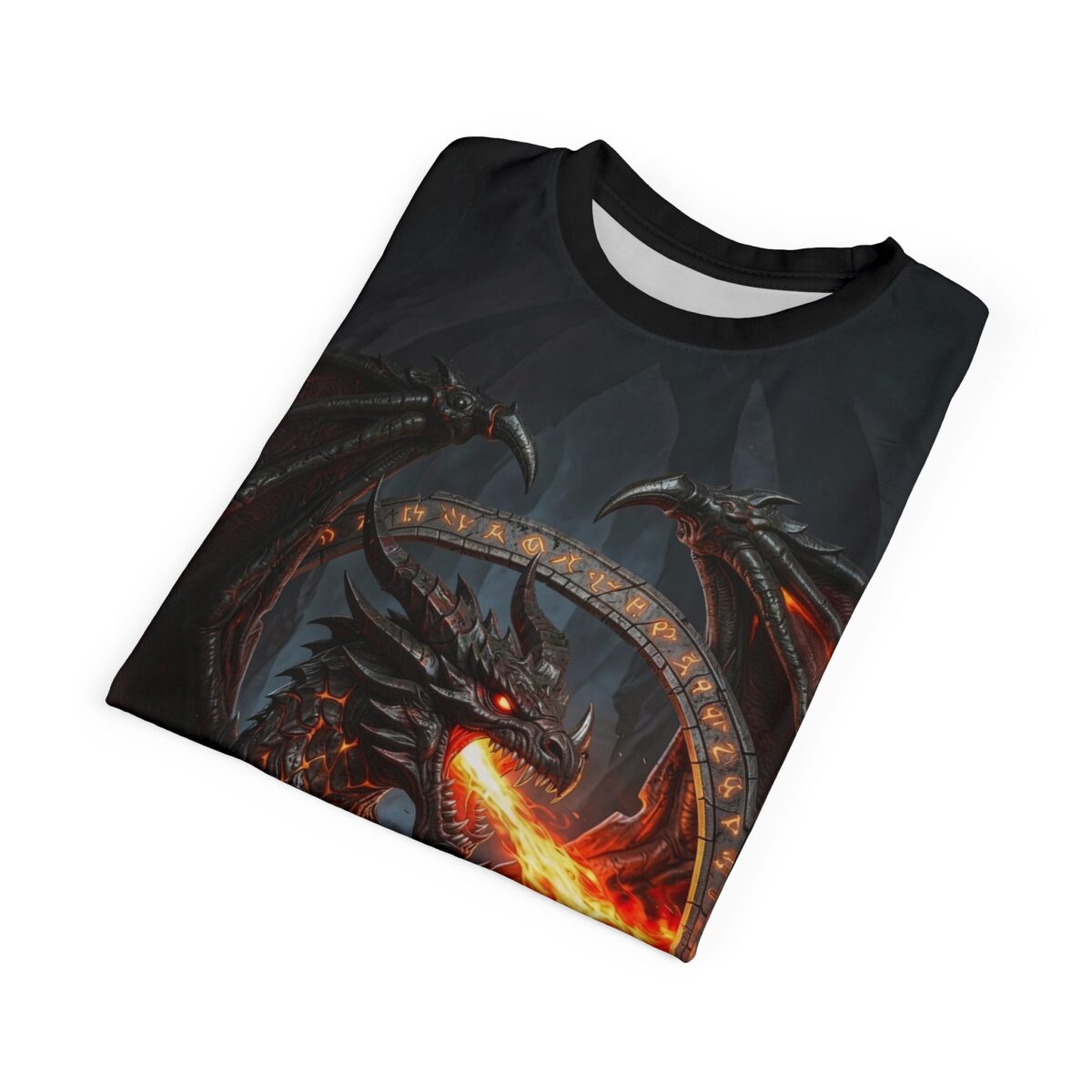 Fire breathing dragon with glowing runes all over print streetwear sublimation tee featuring a dark fantasy graphic design.