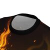 All over print sublimation tee featuring a dynamic fire graphic with orange and yellow flames on a dark background. Seamless print wrap around design.