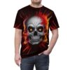 Fiery skull sublimation tee with crackled texture and glowing orange eyes, set against a dark, explosive background. Features a seamless wrap-around graphic.