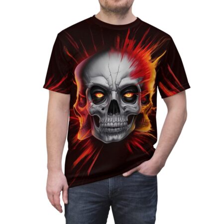 Fiery skull sublimation tee with crackled texture and glowing orange eyes, set against a dark, explosive background. Features a seamless wrap-around graphic.