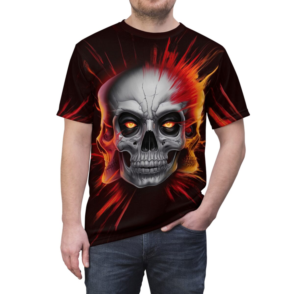 Fiery skull sublimation tee with crackled texture and glowing orange eyes, set against a dark, explosive background. Features a seamless wrap-around graphic.