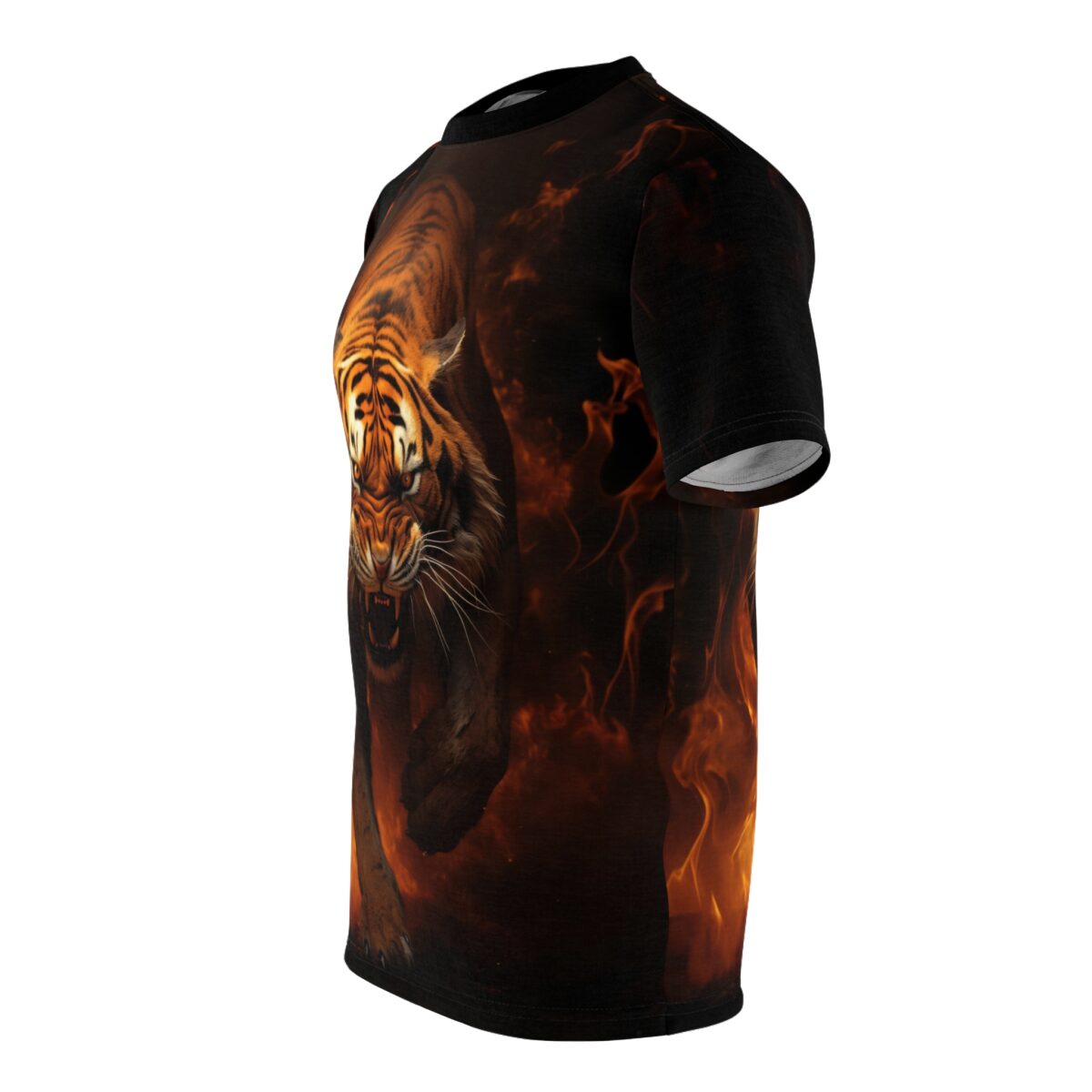 All over print sublimation tee featuring a roaring tiger with flames in a dark, fiery background design.