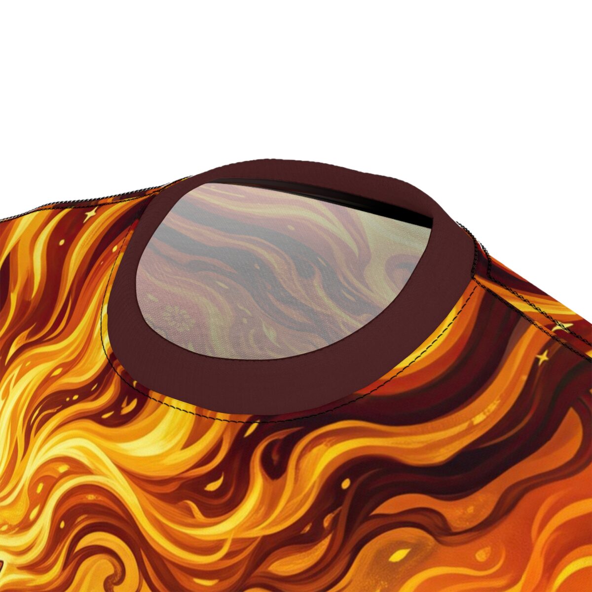 Fiery flames graphic all over print sublimation tee, featuring a seamless wrap around design with vibrant orange, yellow, and red tones.