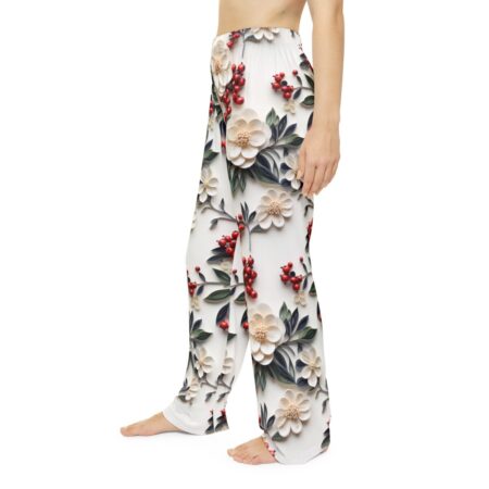 White pajama pants with a seamless all over print of delicate cream flowers and red berries, featuring a vintage pattern.