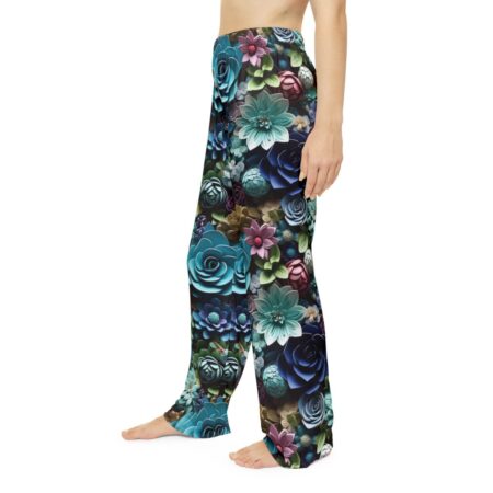 Dark floral all over print pajama pants featuring deep blues, greens, and purples. Seamless sublimation pajama bottoms.