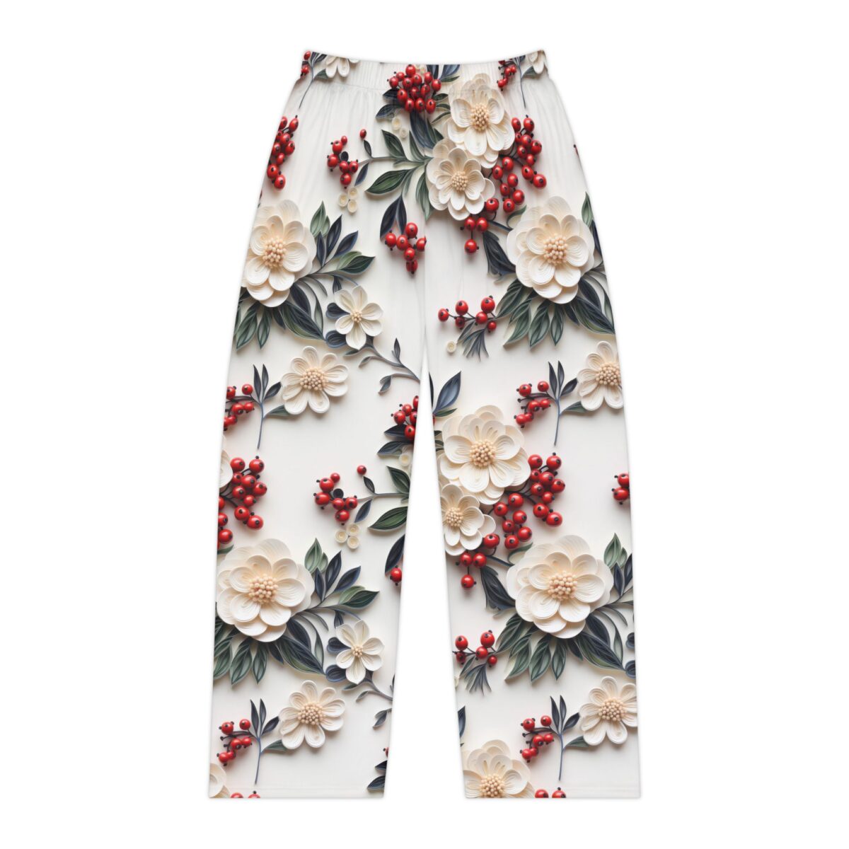 White wide leg pajama pants showcasing a vintage pattern of cream flowers, red berries, and green leaves.