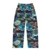 Wide leg lounge pants featuring a vibrant all over print of stylized blue and purple succulents and flowers, seamless wrap around graphic.