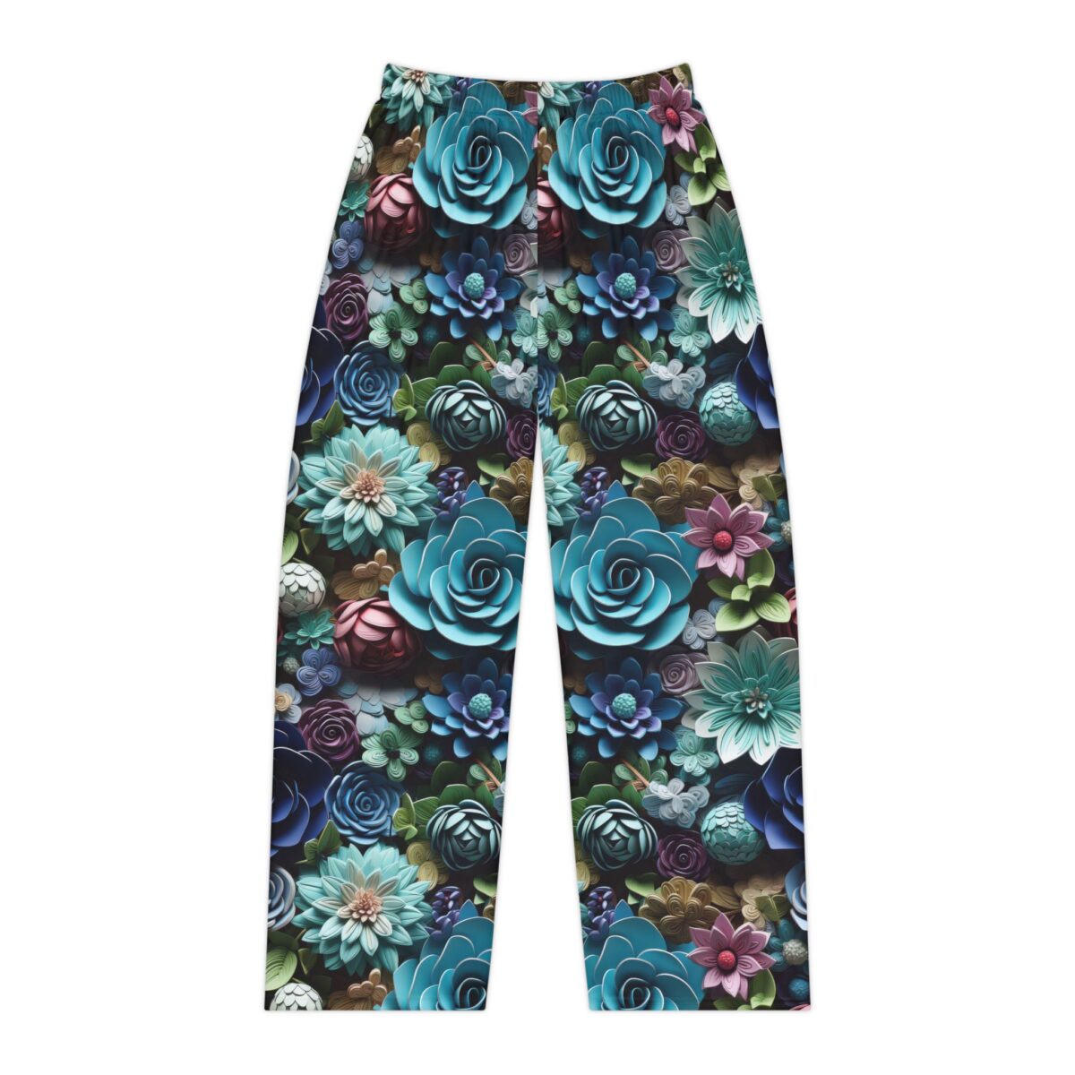 Wide leg lounge pants featuring a vibrant all over print of stylized blue and purple succulents and flowers, seamless wrap around graphic.