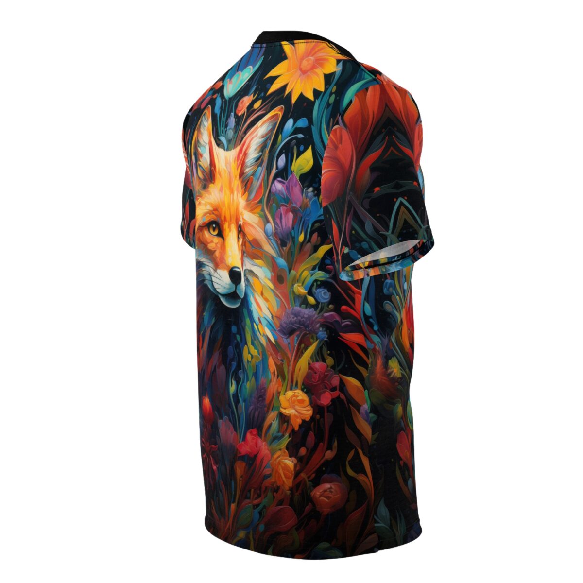 Vibrant fox and colorful floral all over print sublimation tee, featuring a seamless wrap around design with psychedelic elements.