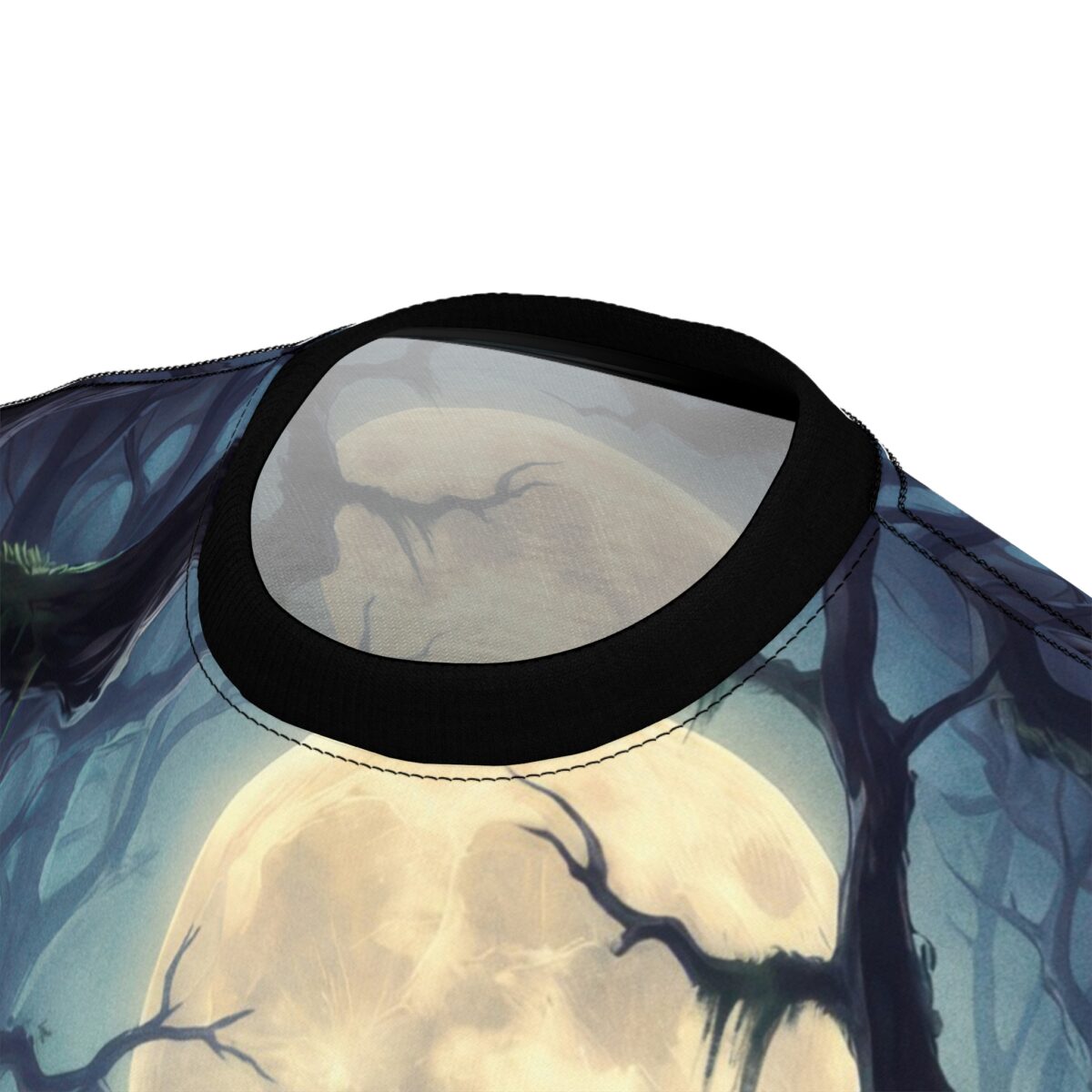 All over print sublimation tee, eerie forest and full moon wrap around graphic design, dark aesthetic.