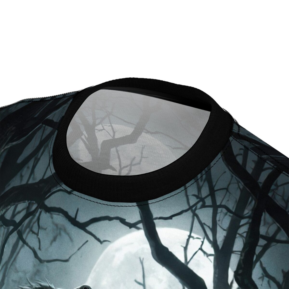 Spooky forest all over print sublimation tee featuring a large full moon and silhouetted bare trees.
