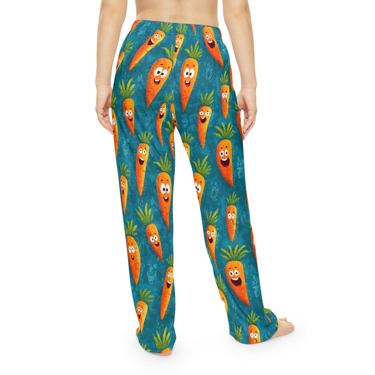 Funny cartoon carrot all over print pajama pants with a teal background.