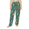 Funny carrot graphic all over print pajama pants featuring a seamless wrap around design with cartoon characters on a teal background.