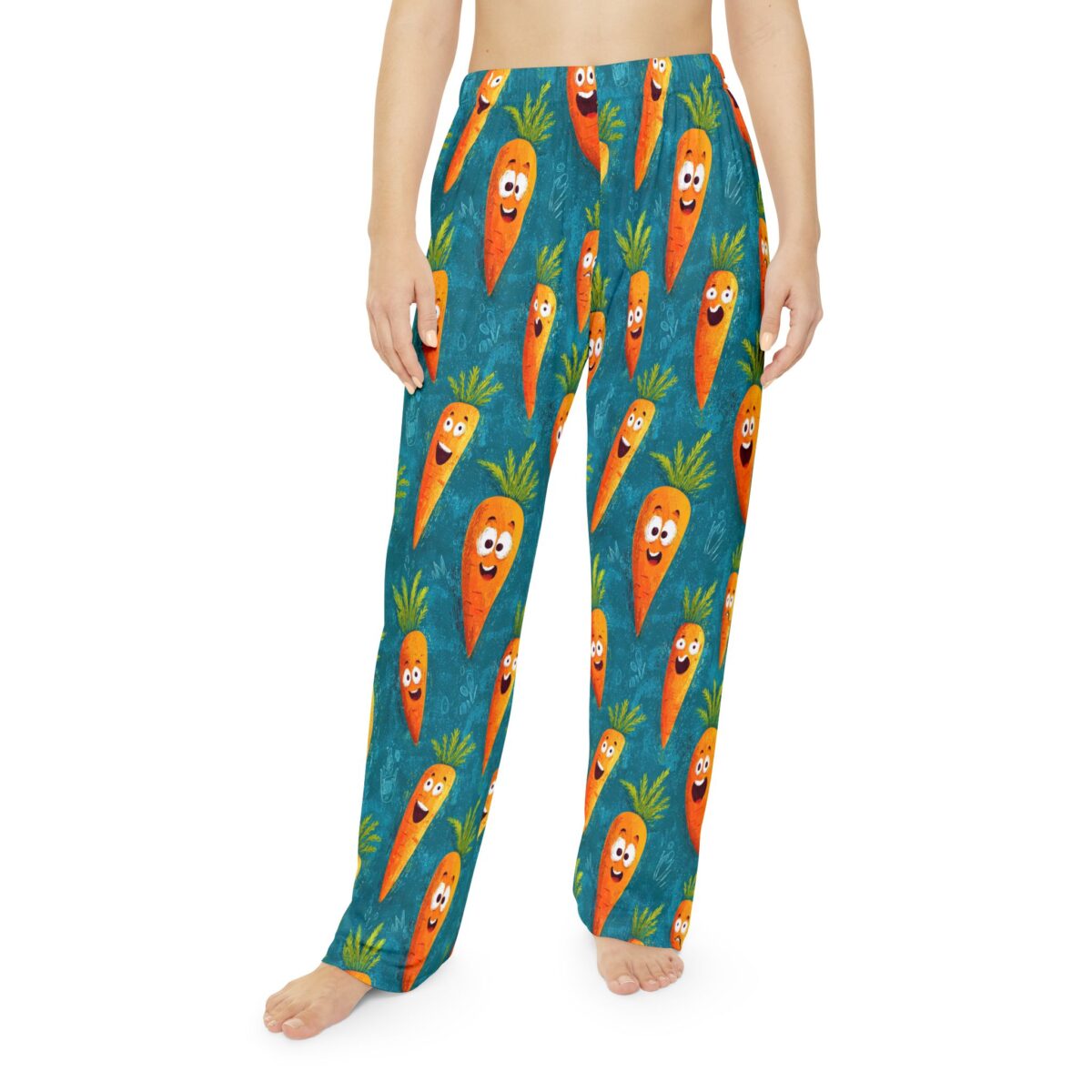 Funny carrot graphic all over print pajama pants featuring a seamless wrap around design with cartoon characters on a teal background.