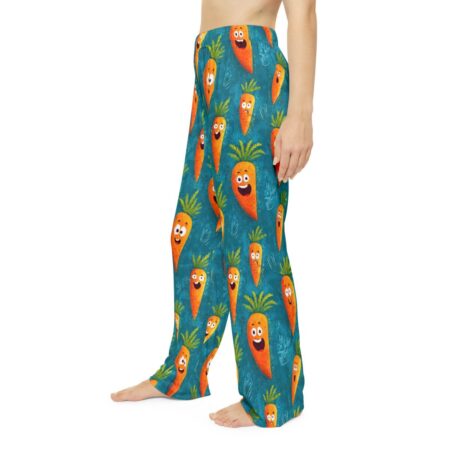 Smiling carrot all-over print pajama pants with teal background, featuring a seamless, wrap-around sublimation pattern.