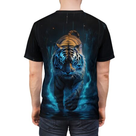 Glowing tiger with bright blue eyes walks through electric blue water in this all over print sublimation tee.