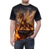Gold dragon bee hybrid with translucent wings standing on a rocky outcrop above lava, all over print sublimation tee.