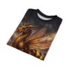 Golden dragon bee hybrid creature graphic t-shirt with detailed wings and fur, featuring a dark, cloudy background.