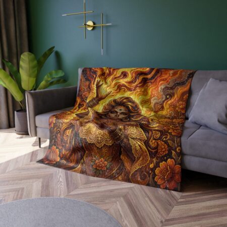 All over print fleece blanket featuring a golden goddess with intricate patterns and fiery accents, vibrant vintage pattern design.