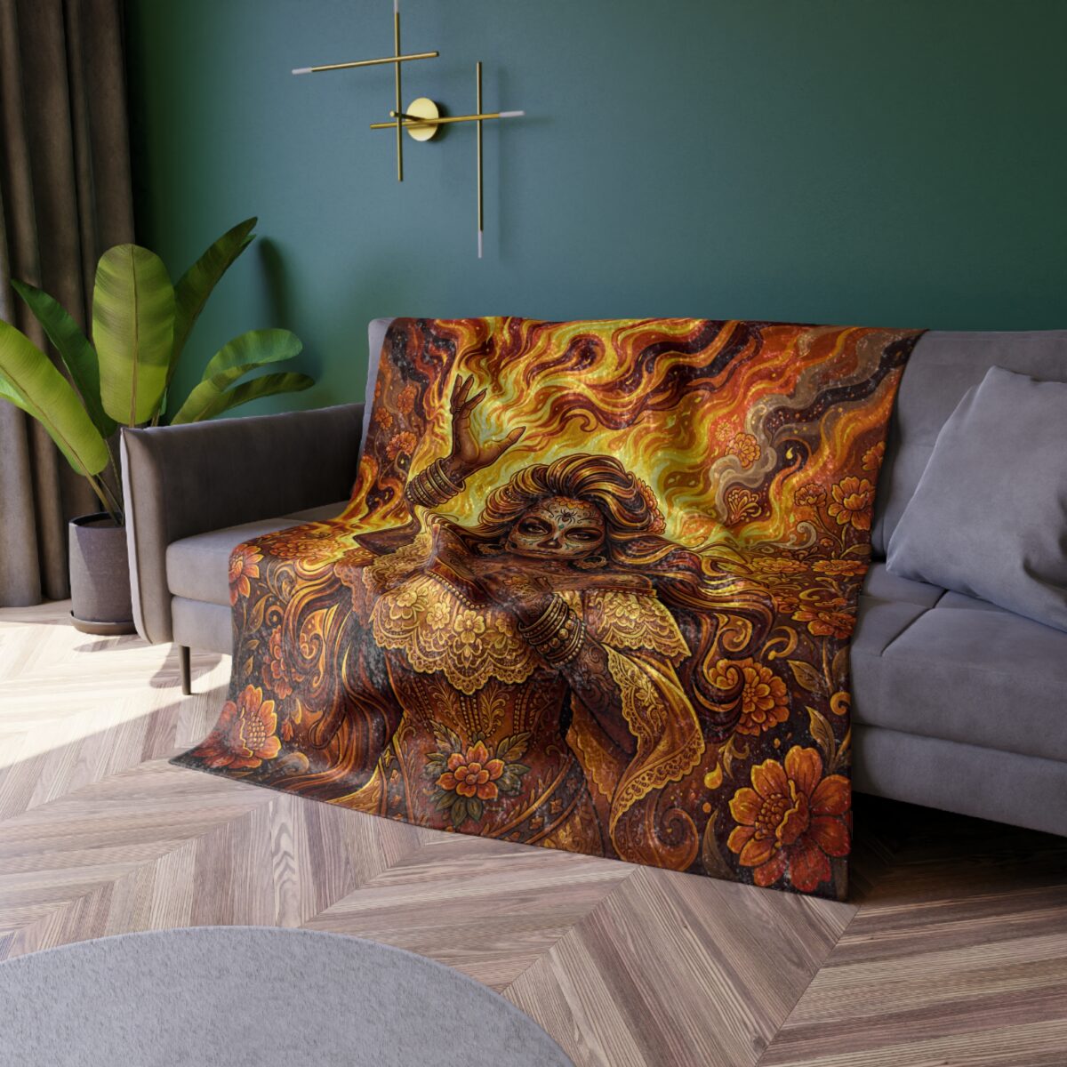 All over print fleece blanket featuring a golden goddess with intricate patterns and fiery accents, vibrant vintage pattern design.