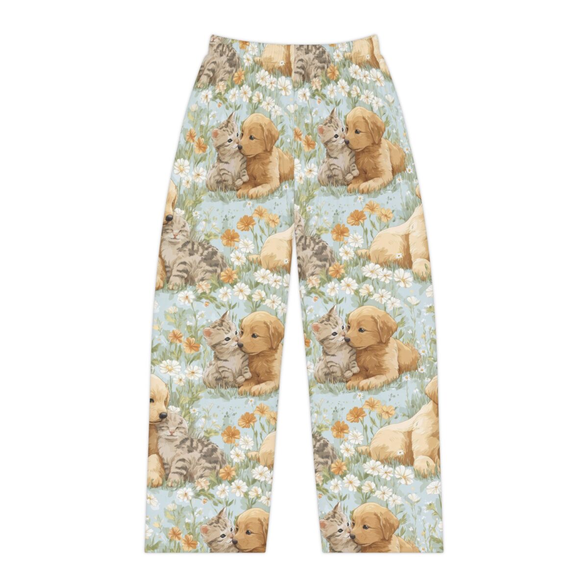 Golden Retriever puppies and tabby kittens in a floral meadow, all over print sublimation pajama pants.